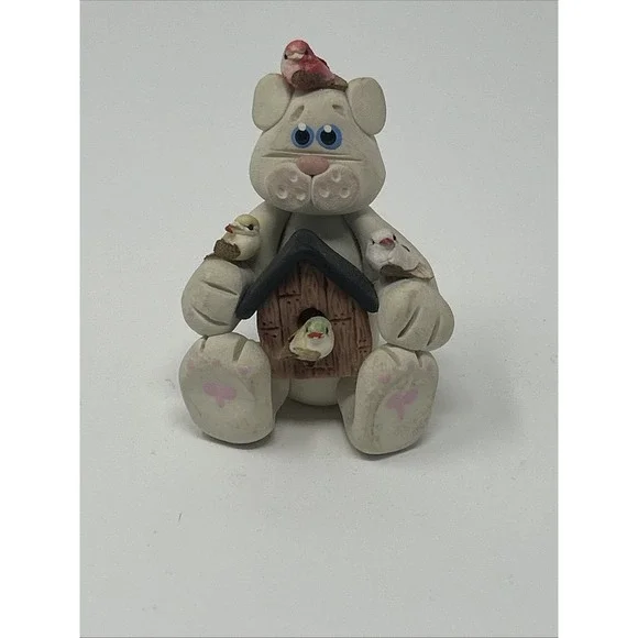 NEW Handmade Polymer Clay Figurine Cat Holding Birdhouse and 4 Birds