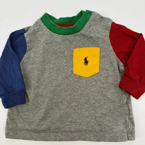 Ralph Lauren Colorblock T-Shirt Baby 3M Gray Red Blue Yellow Long Sleeve Top