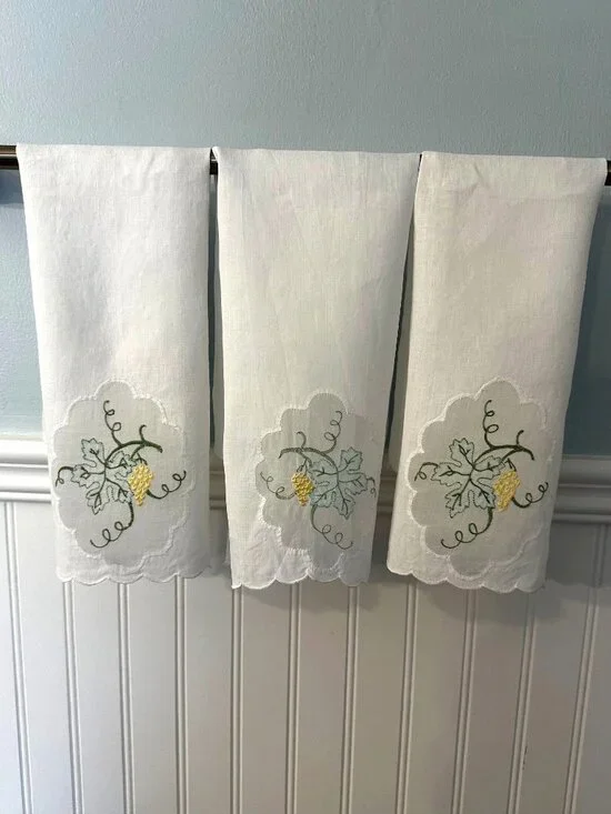 VTG Madeira Linen Guest Towels Sheer Panel Grape Embroidery Scalloped Handmade