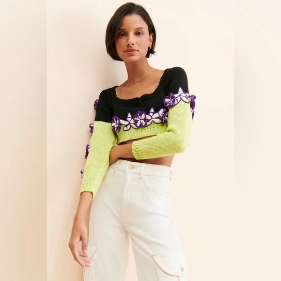 Anthropologie Mandinga Rose Crop Top Black and Green Size Medium