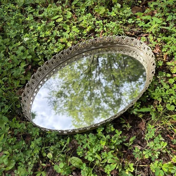 Vintage 70s Mirrored Gold Ornate Oval Vanity Tray