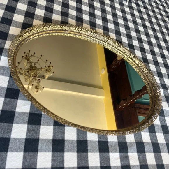 Mirror Vanity Tray Unisex 13.5x9.5 Gold Excellent Vintage Filigree Mirrored