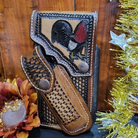 Rooster Western Leather Phone Holster W Knife Sheath LARGE 7x4