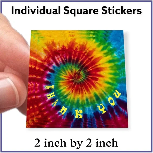 100 (2x2 Inch) Square Stickers, Tie Dye Hippie, Peace Love High Gloss, Thank You