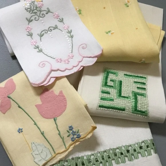 5 Vintage Springtime Embroidered Linen Hand Towels