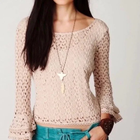 Free People Rosehip Mink Nude Knit Crochet Bell Sleeve Top S