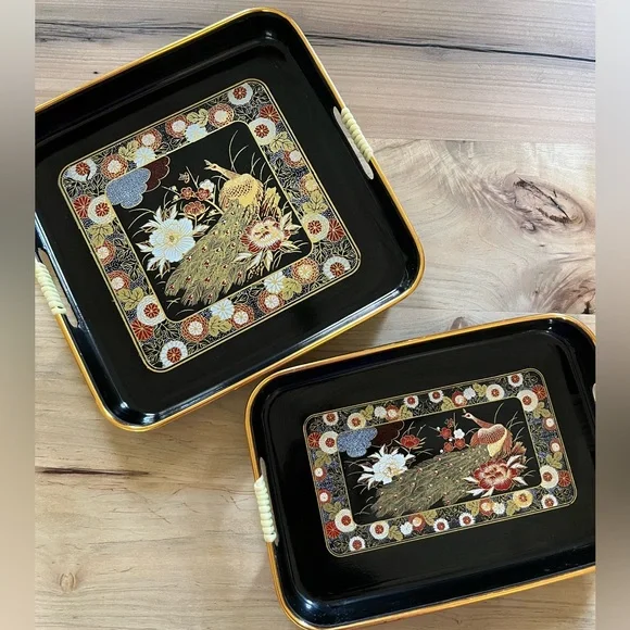 Vintage Japan lacquerware black gold peacock floral serving trays, set of two