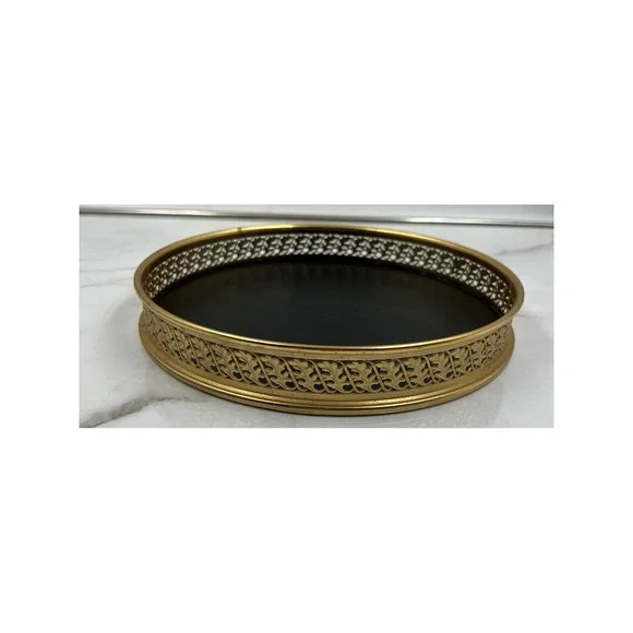 Vintage Gold Ornate Filigree Round Vanity Tray Black Base Hollywood Regency 10in