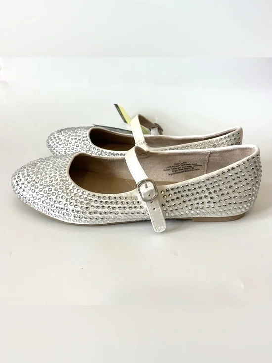 Girls Size 5 Rhinestone Mary Jane Flats White Sparkle Dress Shoes Party