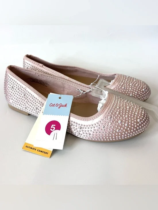 Cat & Jack Girls Pink Pearl Rhinestone Ballet Flats Size 5 NWT Dress Shoes