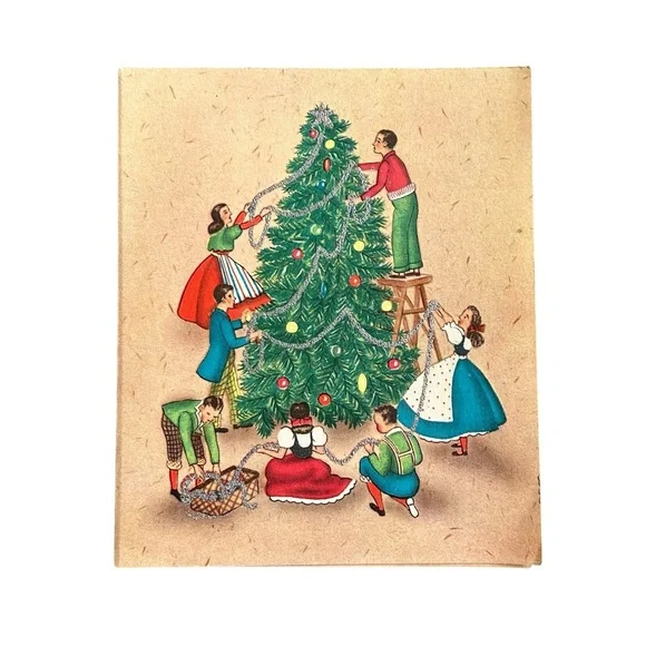 Vintage 40s 50s Rynart Christmas Card Family Decorating Tree w/ Tinsel Retro Art
