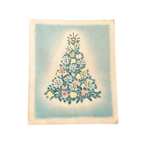 Vintage 40s 50s Rynart Card Watercolor Christmas Tree Retro Art MCM Ephemera