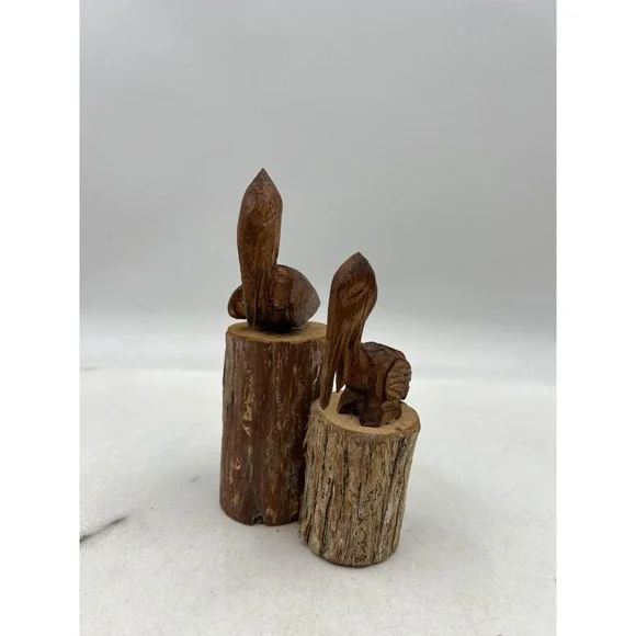 Hand Carved Wood Pelican Pair Figurines on Log Bases Rustic Coastal Folk Art