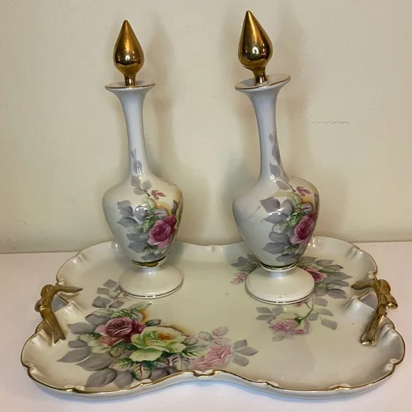 Vintage Porcelain Perfume Bottle Set - Hand Painted Gold Trim