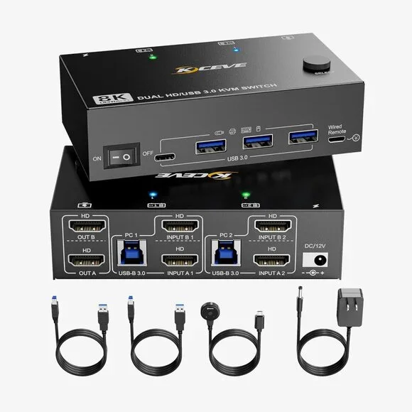 8K KVM Switch, 2 Computers, 2 Monitors