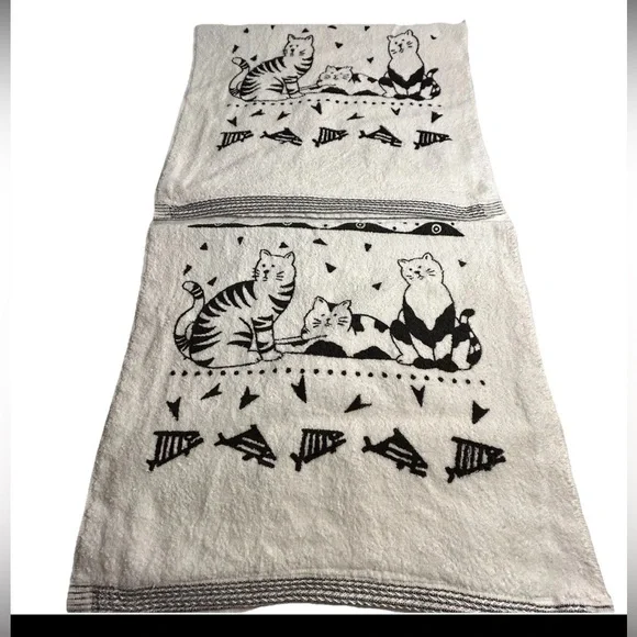 90s vintage Black Cat Towels Cannon Royal Family Black White 2 Hand Towel LOT