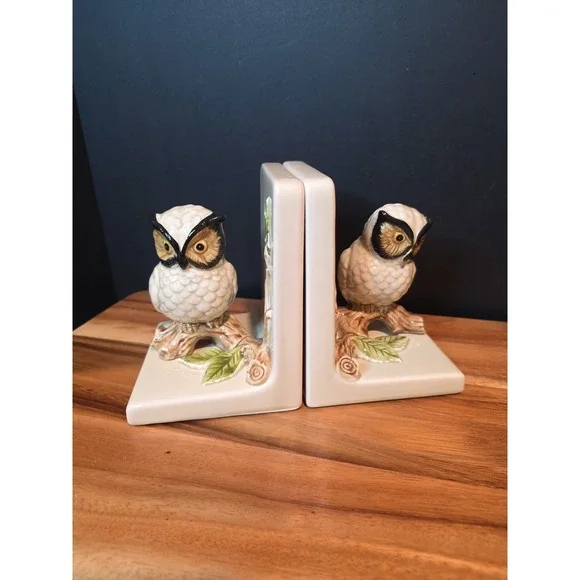 Vintage Owl Log Branch Leaf Bookends Otagiri OMC Japan EUC