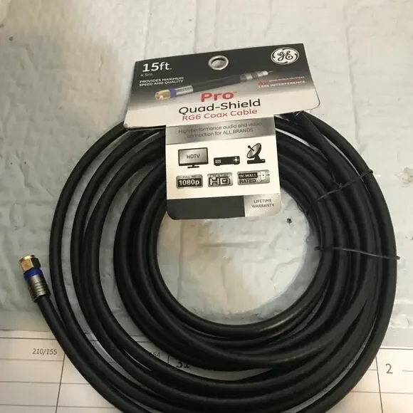 GE 33732 Pro Quad-Shield RG6 Coax Cable 15 ft 4.5m by jasco 2018 New NOS