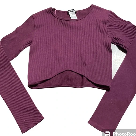 Zara Women's Top M Purple‎ Nylon with Elastane Long Sleeve Round Neck Cropped