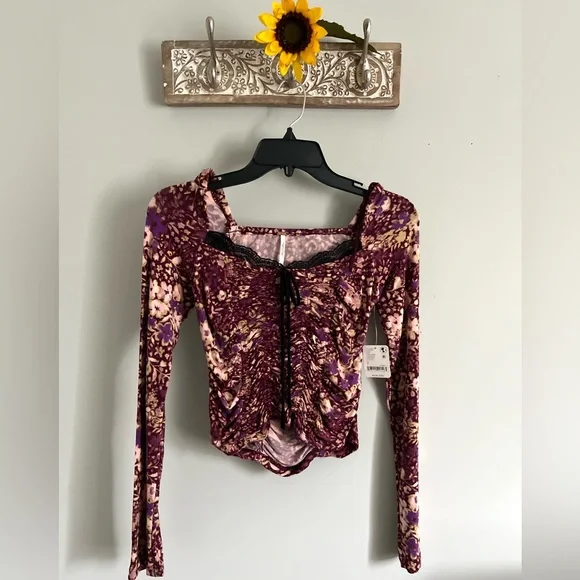 FREE PEOPLE Layer It On Me Top - Size Small - Red Combo Long Sleeve Boho - NWT