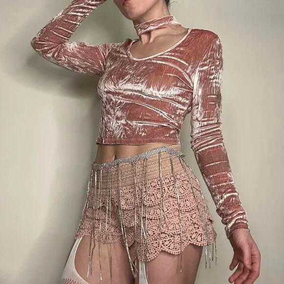 Pink Crushed Velvet Choker Top