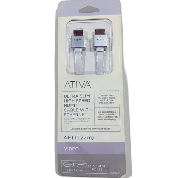 ATIVA Ultra Slim High Speed HDMI Cable with Ethernet 4 FT., Video-NIB