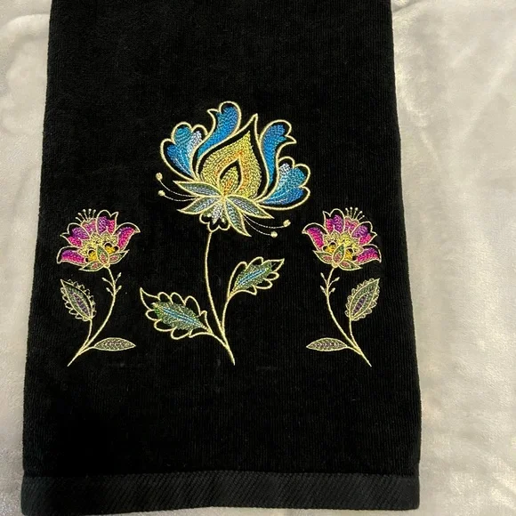 Handcrafted embroidered floral design in the Jacobean style pair of hand towels