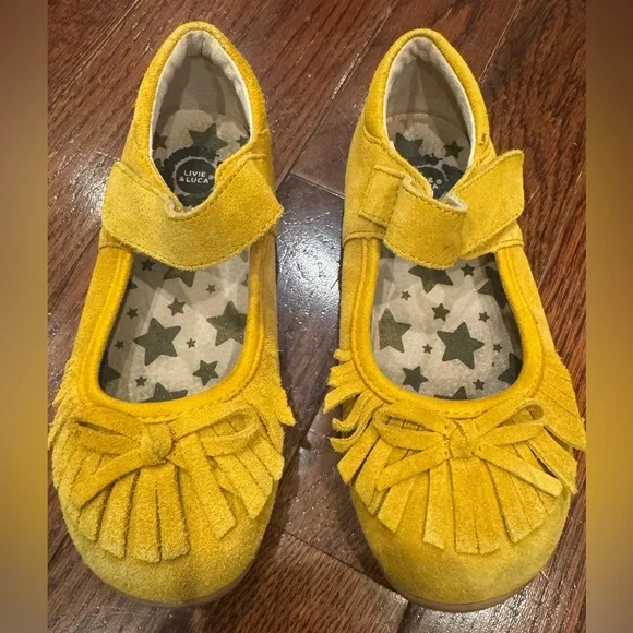 Livie & Luca Yellow Suede Leather Willow Mary Jane Shoes Bow Fringe Toddler 12