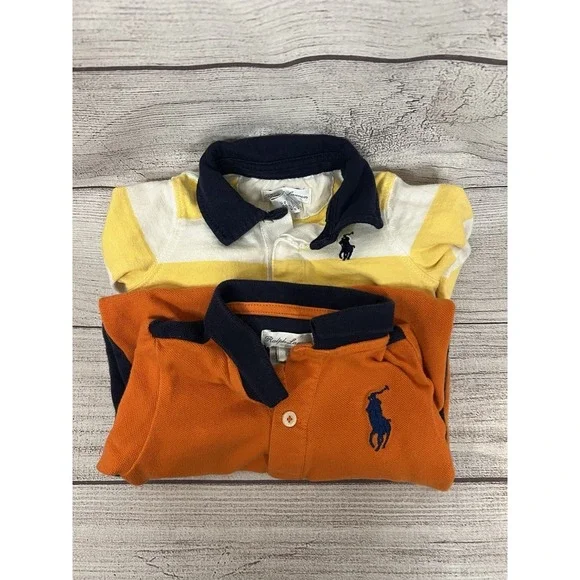 Ralph Lauren 2 Rompers Lot Yellow White Collared And Orange and Navy Long Sleeve