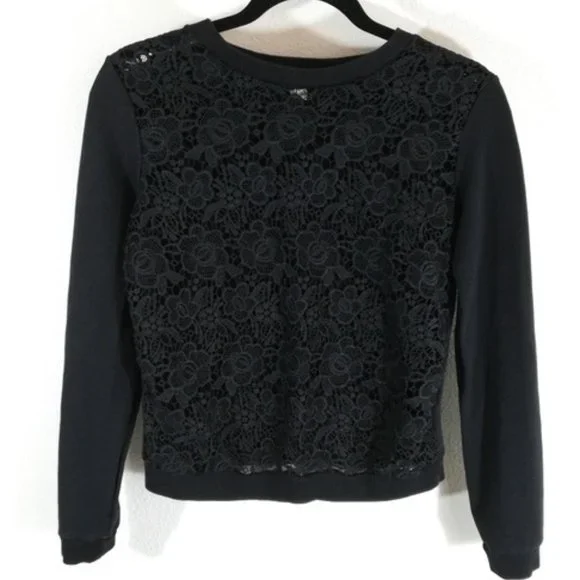*Jonathan Martin Black Lace Front Long Sleeve Knit Top Solid Back Size Medium