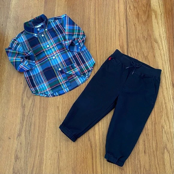 Ralph Lauren Kids Plaid Long Sleeve Shirt and chino Pants Set