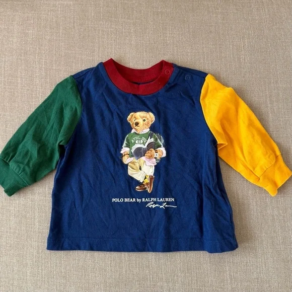 Ralph Lauren Polo Bear Baby Tee Colorblock Multicolor Long Sleeve Graphic Shirt