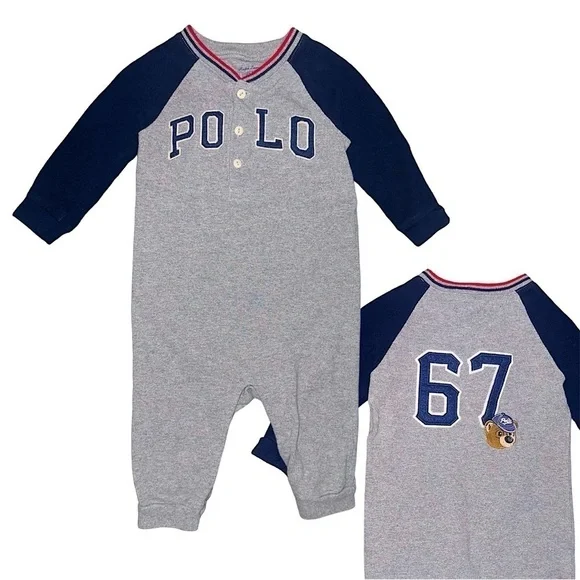 Ralph Lauren Polo Logo Embroidered Bear Baseball Long Sleeve Cotton Onesie Sz 9M