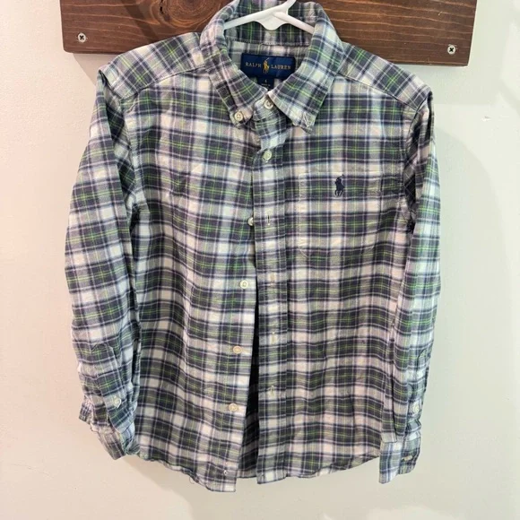 Ralph Lauren Blue Green Plaid Cotton Button Up Shirt Size 6‎