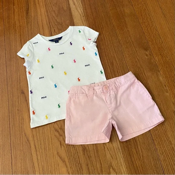 Ralph Lauren Embroidered Pony Polo Logo Tee and Pink Chino Shorts Set