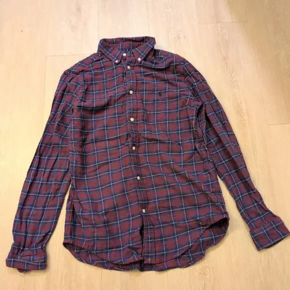 VTG‎ Ralph Lauren Youth XL Button Up Shirt Plaid Horse Red Maroon