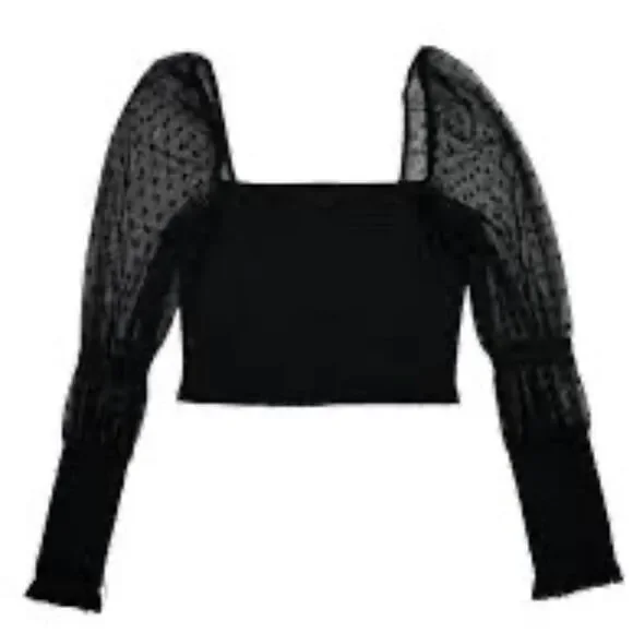 Intimately Free People‎ Puckered Black Crop Top Dotted Mesh Sleeves Sz M