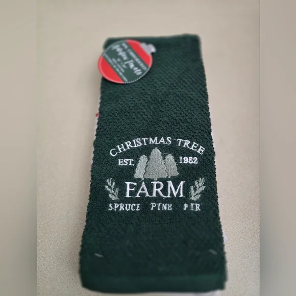 2 pk Green towel with 'Christmas Tree Farm' embroidery & white towel w/stripes