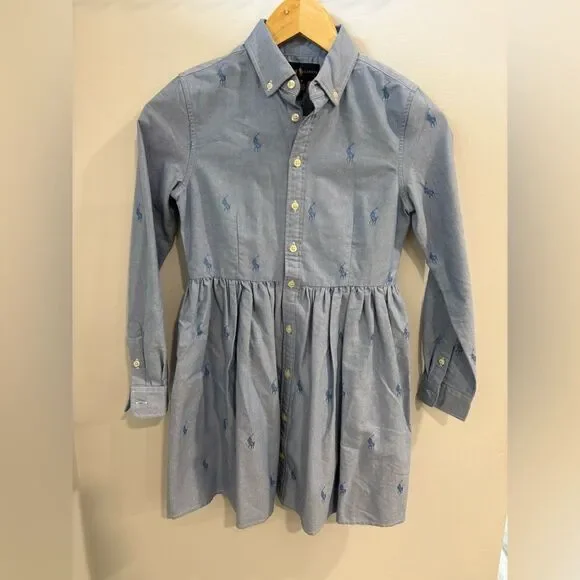 Ralph Lauren Blue Button-Down Shirt Dress with Pony Embroidery