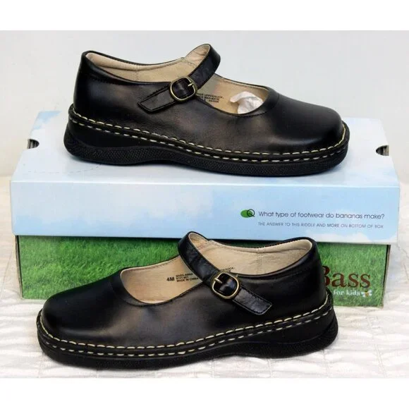 BASS Kids Mary Jane Shoes sz 4 M Black Leather Anna Flats Buckle Formal Casual