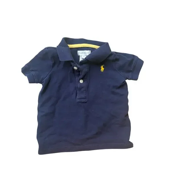 Ralph Lauren Polo‎ Shirt Baby Boy 6m Mesh Pony Navy Blue Yellow Button Placket
