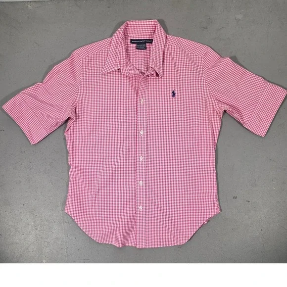 Ralph Lauren Sport Kids Pink Gingham Short Sleeve Button Down Shirt Size 14