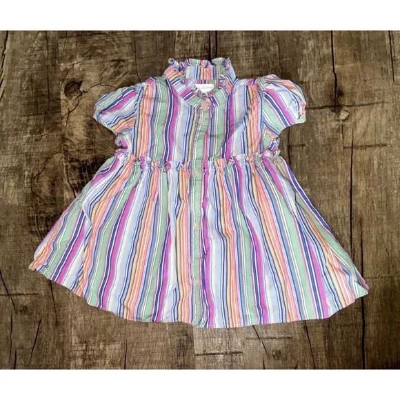 Ralph Lauren Baby Girl Multi Color Striped Ruffle Collar Cotton Dress 9M