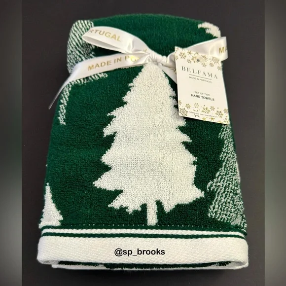 🎁BELFAMA Hand Towel Set - Holiday Green with White Christmas Trees