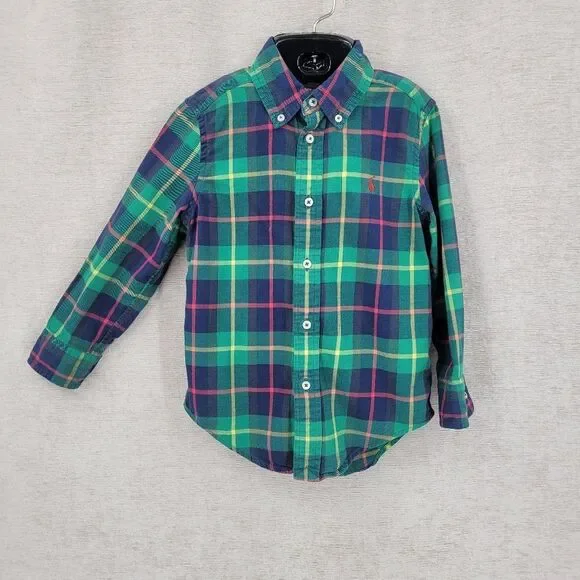 Ralph Lauren Boys Green and Navy Plaid Button-Down Shirt Long Sleeves