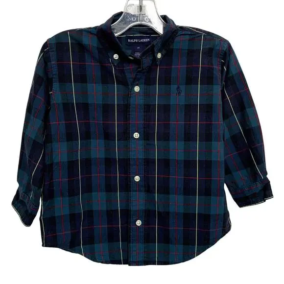 Ralph Lauren Toddler Boys Sz 2T Green Plaid Long Sleeve Button Up Shirt Holiday