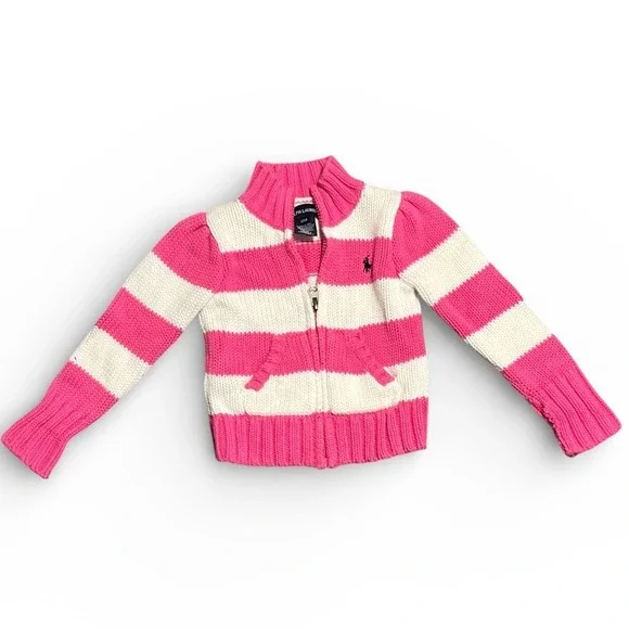 Ralph Lauren Baby Girls Pink White‎ Stripe Knit Zipper Hoodie Sweater 18M