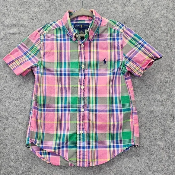Ralph Lauren Madras Boys Shirt 5 Pink Green Plaid Button Down Pony Summer School