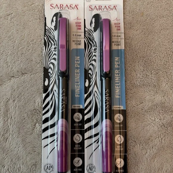 2 Zebra Sarasa Fineliner‎ Pens 0.8mm Deep Pink Ink Needle Point Acid Free