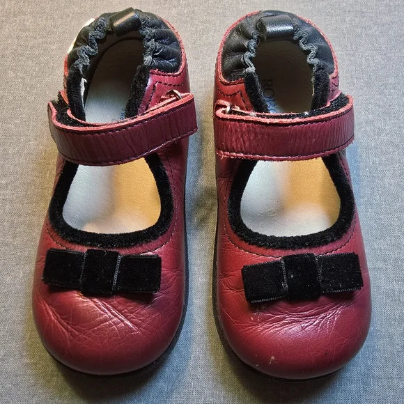 Genuine Red Leather Robeez Trendz Mary Jane Shoes With Black Velvet Bows
